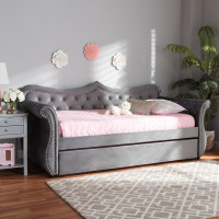 Baxton Studio Abbie-Grey Velvet-Daybed-T/T Abbie Traditional and Transitional Grey Velvet Fabric Upholstered and Crystal Tufted Twin Size Daybed with Trundle